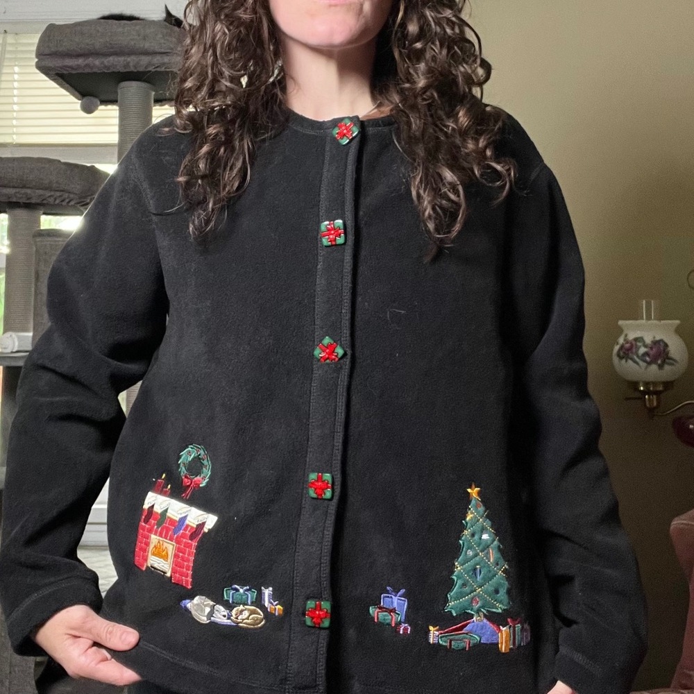 C&B Sport Croft & Barrow Black Fleece Christmas Cardigan Embroidered Medium - Picture 7 of 7